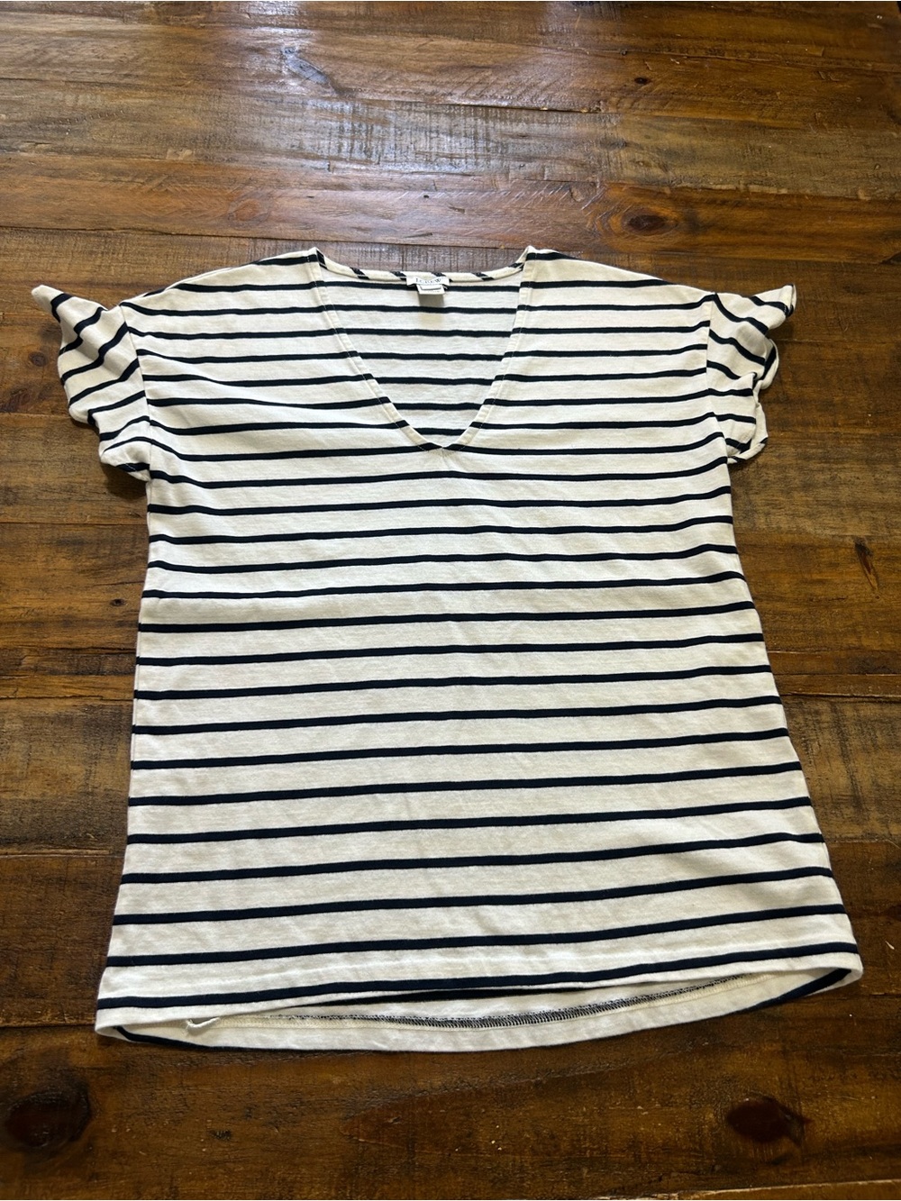 J. Crew White and Navy Striped V-Neck Short Sleeve Tee